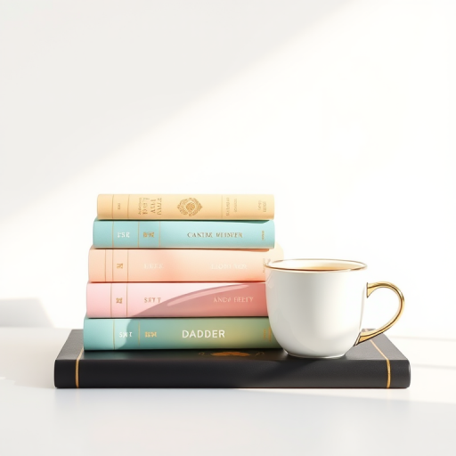 Generate a minimalist illustration of a stack of five decorative books with pastel colors and a large cup of tea or coffee beside them, focusing on soft lighting, a depth of field effect, captured with a DSLR camera at f/2.8, 50mm lens, natural light, shallow focus, and a clean background to enhance clarity and detail.