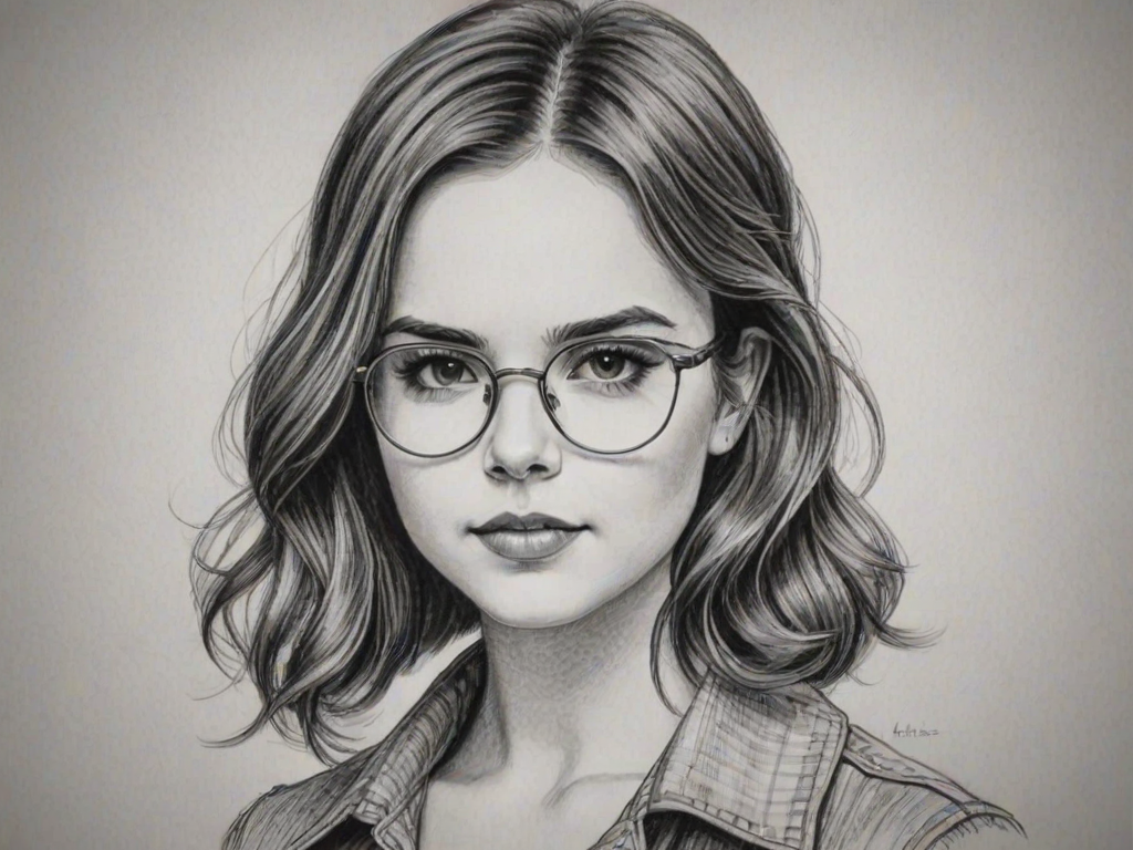 Bewitching Bailee Madison, pencil sketch, portrait of Fascinating woman 1926s in glasses, hair style beatnik, outline, clear lines, fine lines, 8k