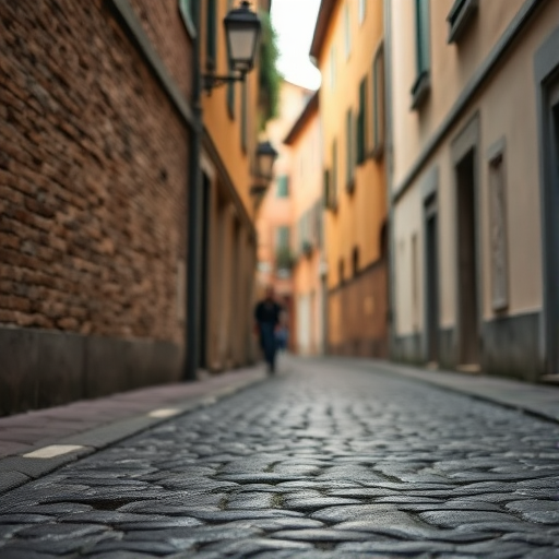 photograph of a cobblestone street at a low angle, soft natural lighting, ISO 100, f/4.0, shutter speed 1/60 sec, macro lens, DSLR camera