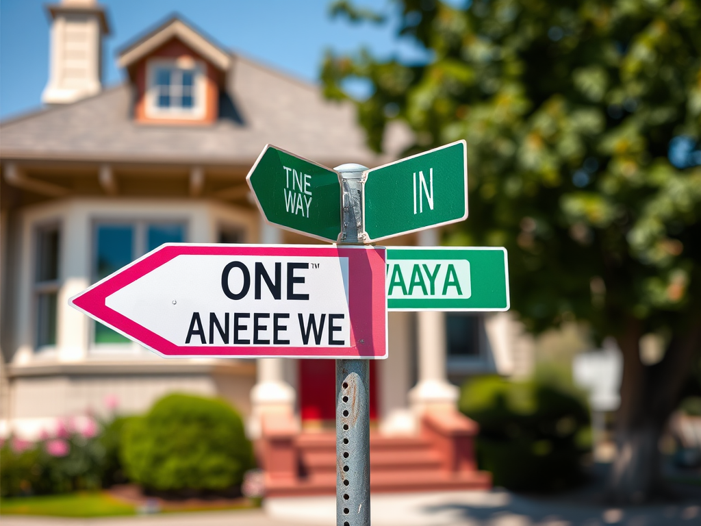 Generate an image of a street sign with two arrows, one pink and labeled "ONE WAY" and the other green and labeled "ANOTHER WAY", with a soft focus background of a quaint house, captured with a DSLR camera, aperture f/2.8, shutter speed 1/250s, ISO 100, in sunny daylight.
