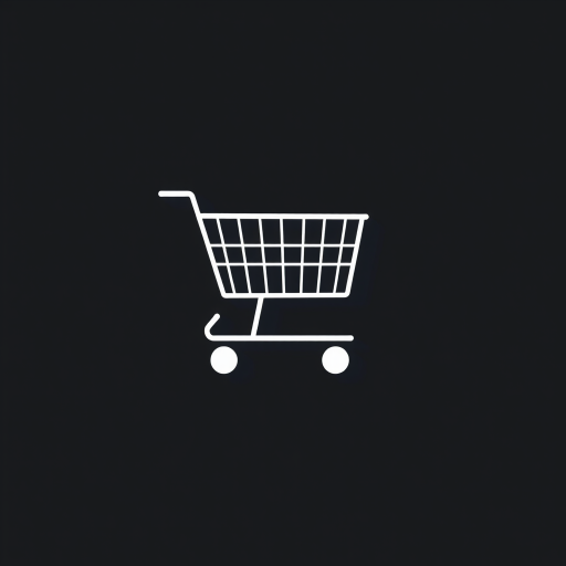 create a minimalist icon of a shopping cart with a long shadow on a dark background, using a Nikon D850 with an aperture of f/8, ISO 100, 50mm lens, and top-down view photography style for crisp detail and enhanced quality