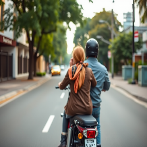 couple riding a motorcycle on a quiet street, soft-focus background, natural light, camera settings: f/2.8 aperture, ISO 400, shutter speed 1/200 sec, camera view: eye level, camera style: candid, camera type: DSLR