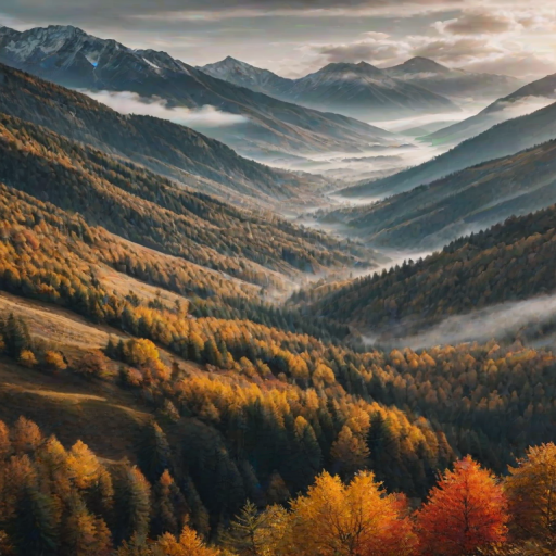 a breathtaking landscape view of mountains and valleys during autumn with vibrant trees and a misty atmosphere in the background