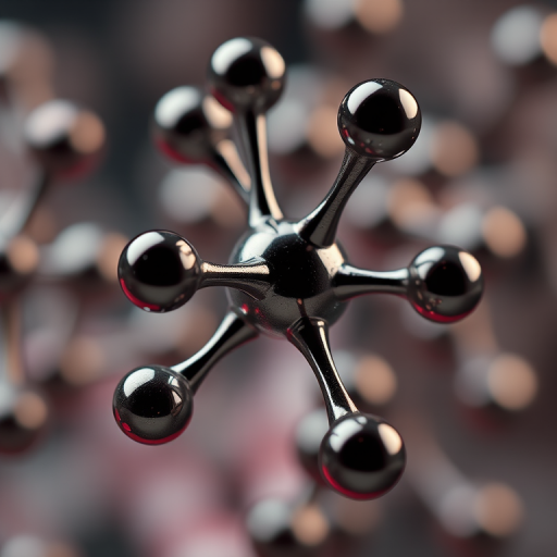 Create an image of a molecular structure with a focus on carbon and oxygen atoms, using a macro lens with f/2.8 aperture, 1/60 shutter speed, and ISO 100, viewed from a 45-degree angle, with soft lighting to enhance details and bring out the 3D aspect of the model.