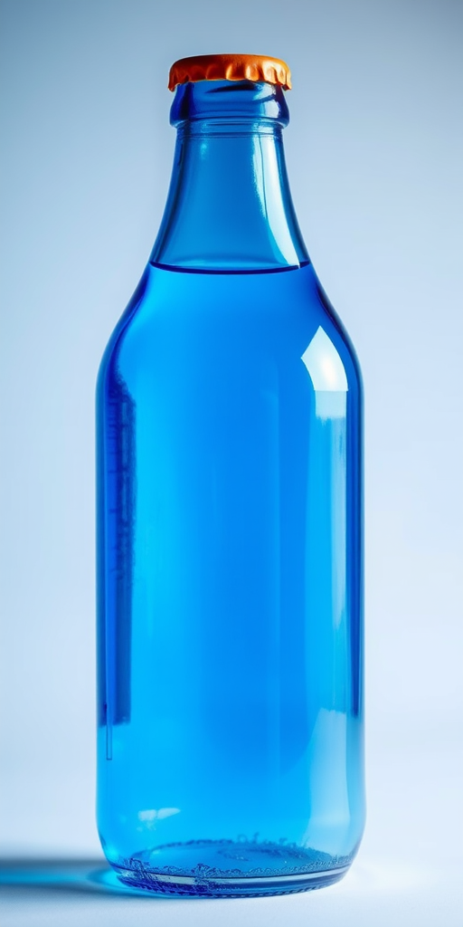 Create a highly detailed illustration of a transparent blue glass bottle, using a soft focus camera setting with a shallow depth of field, shot from a slightly elevated angle, employing a digital camera with a 50mm lens at f/1.8 to enhance image quality and clarity.