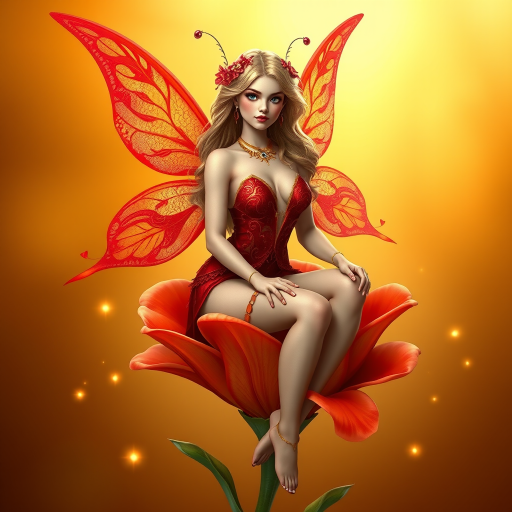A digital artwork features a winged fairy with delicate Scarlet butterfly wings, adorned with intricate Red andOrange patterns. She is seated on a vibrant Coral flower, wearing a revealing red two-piece outfit with sparkling beadwork. Her fair skin, long blonde hair, and gold jewelry add to her ethereal appearance. The background is a warm, golden gradient, creating a magical atmosphere. Small glowing orbs and sparkles surround the flower, enhancing the enchanting, highly detailed, and realistic scene.