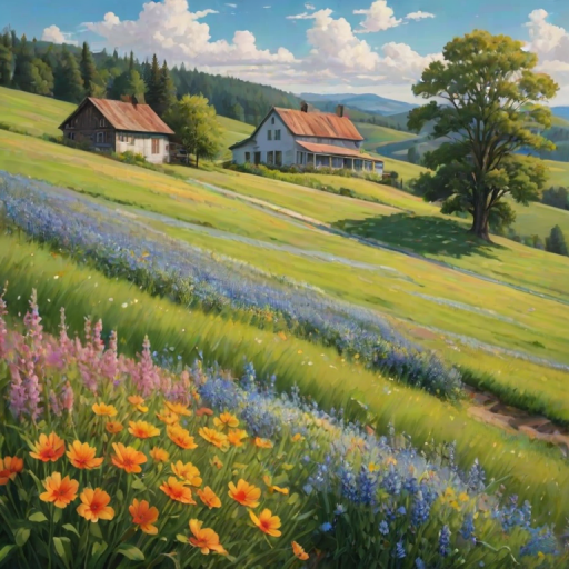 Serene countryside scene, with rolling hills, a quaint farmhouse surrounded by blooming wildflowers, and a blue sky dotted with fluffy clouds, evoking a sense of tranquility.