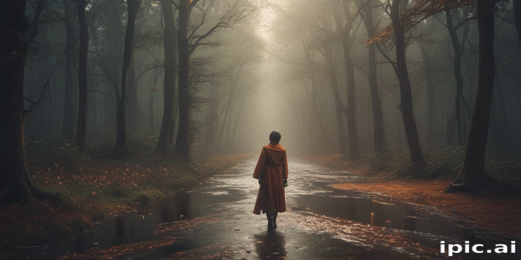 Solitary Figure Walking Through a Misty Forest Path on Autumn Day