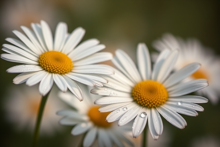 Close-up shot of white daisies with dew drops in soft focus background, aperture f/2.8, shutter speed 1/200s, ISO 100, macro lens, natural light, DSLR camera.