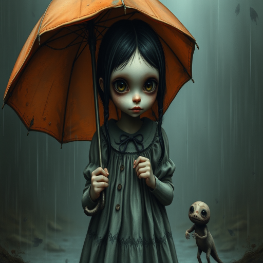 An eerie, weird little girl with dark hair in thin pigtails, wearing a smock dress, standing in the rain, holding a dirty orange umbrella, a small, odd creature beside her. In a surreal style inspired by Nicoletta Ceccoli and Brian Froud. Dark fantasy themes