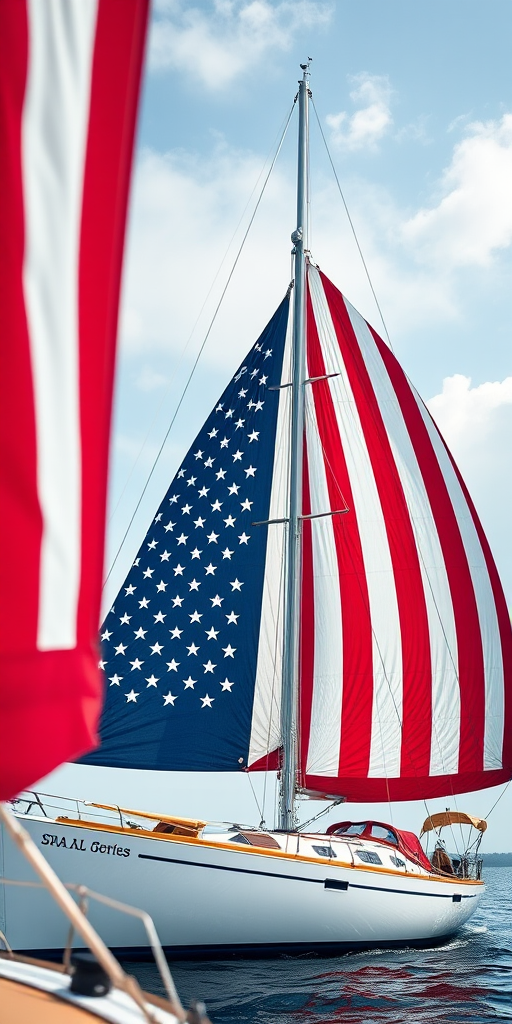 Create an image of a sailboat featuring the American flag design on the sails, captured from a low angle view with a 50mm lens at f/8, ISO 100, and a shutter speed of 1/200s, using a DSLR camera for enhanced detail and vibrant colors.