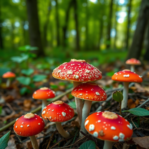regenerate an image of vibrant red mushrooms with white spots in a forest setting, camera settings: f/2.8, ISO 100, shutter speed 1/200s, camera view: close-up, camera style: natural light, camera type: DSLR