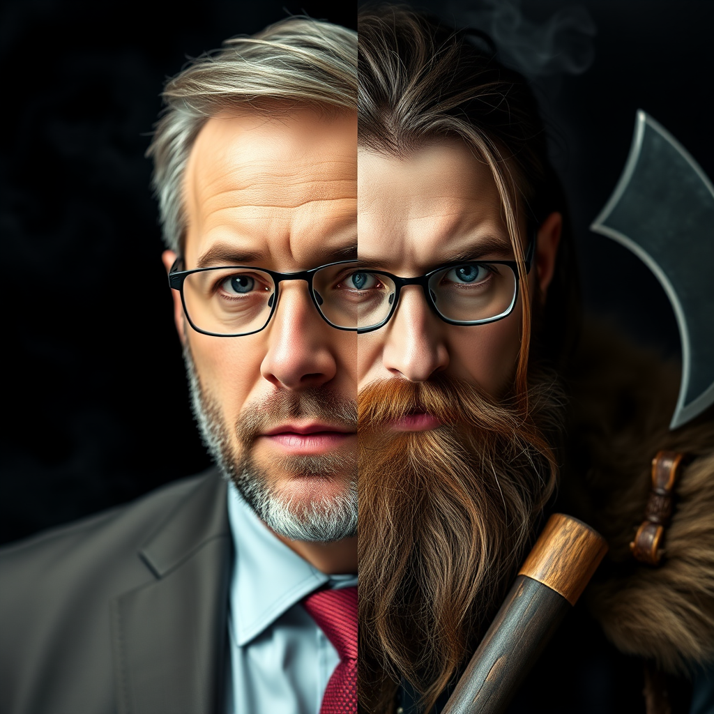 a combination of two pictures of a man in two completely different outfits and makeups. seamless stitched together vertically exactly over the middle of his face. exact same eye level on both sides. The left side shows him as a business person, without beard, wears suit, tie and glasses. The right side of him is wearing no glasses, long hair and beard and is dressed like a viking with a battle axe in his hand. The background is continuously dark with some smoke over both sides. --no visible lines or seams between both sides of the picture
