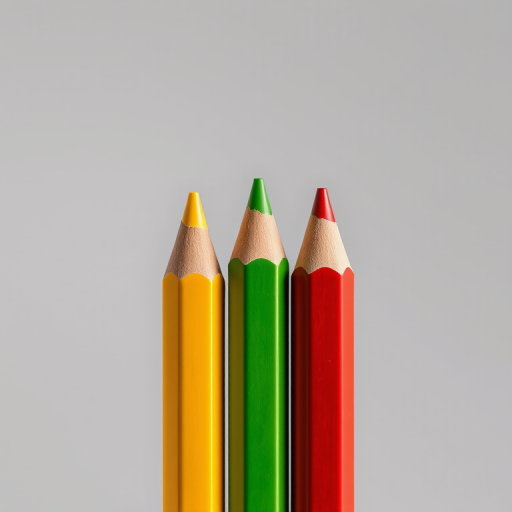 generate an image of three colored pencils (yellow, green, red) in a vertical arrangement with a smooth gradient background, using a DSLR camera with a 50mm lens, aperture f/2.8, ISO 100, and natural light to enhance image quality