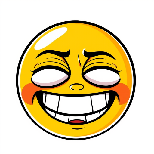 Create a digital illustration of a yellow emoji with a wide grin and half-closed, bloodshot eyes. The design should be bold and expressive, capturing a sense of tired amusement or mischief. The background should be transparent to highlight the emoji's features.