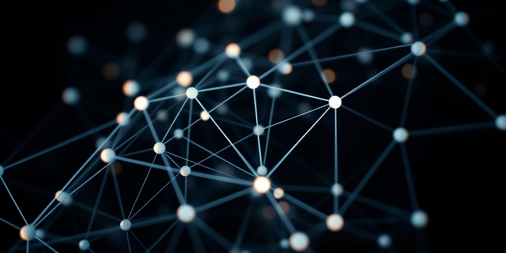 Create an abstract representation of a network of interconnected nodes with bright points of light on a dark background, using a DSLR camera, 50mm lens, f/1.8 aperture, ISO 100, 1/60 sec shutter speed, shot from a bird's-eye view with macro focus to enhance detail and clarity.
