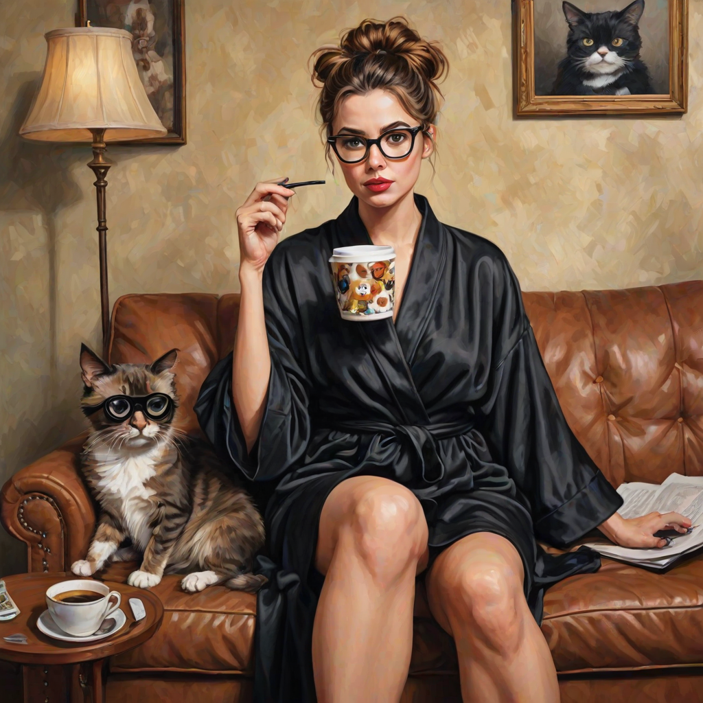 An exaggerated whimsical illustration of a cute silly lady with unruly messy brown bun and black glasses pouty lips and a thinking expression. Shes sitting on the couch, legs folded wearing a black silk robe, black fuzzy slippers. She’s holding her coffee cup and making a deep-in-thought face.  A quirky scruffy cat (dog) looking at her against a mottled, oil painting style soft background living room setting.