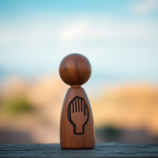 Create an artistic photograph of a wooden figurine with a carved design of a hand on its front, positioned prominently in the foreground, with a blurred natural landscape in the background; use a DSLR camera, 50mm lens, aperture f/1.8, ISO 100, with a shallow depth of field to enhance focus on the figurine and achieve a bokeh effect.