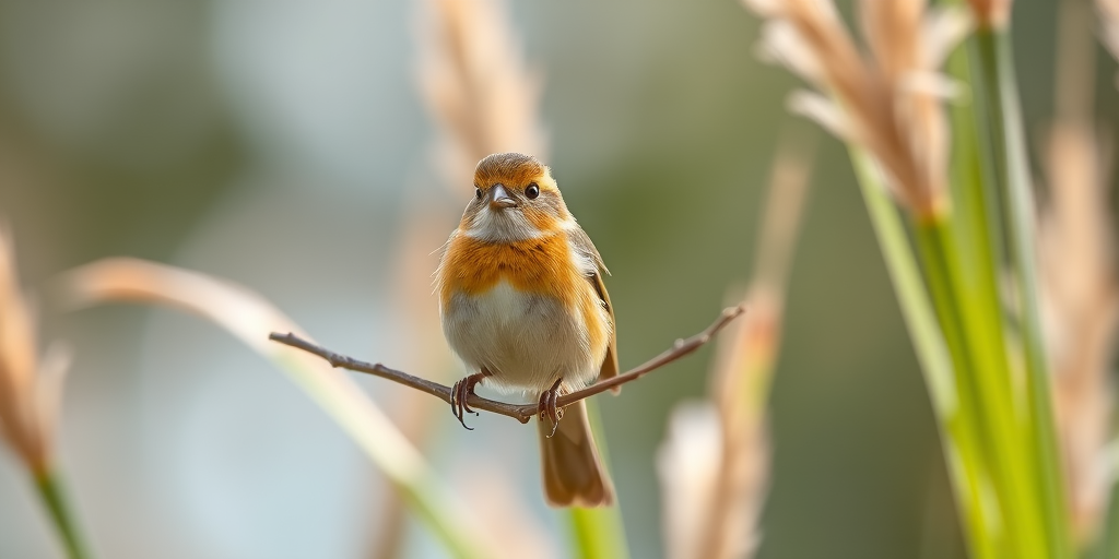 Capture a close-up of a small bird perched on a branch with tall grass in the background, soft focus on the background, natural lighting, aperture f/2.8, shutter speed 1/200s, ISO 100, DSLR camera, shallow depth of field.
