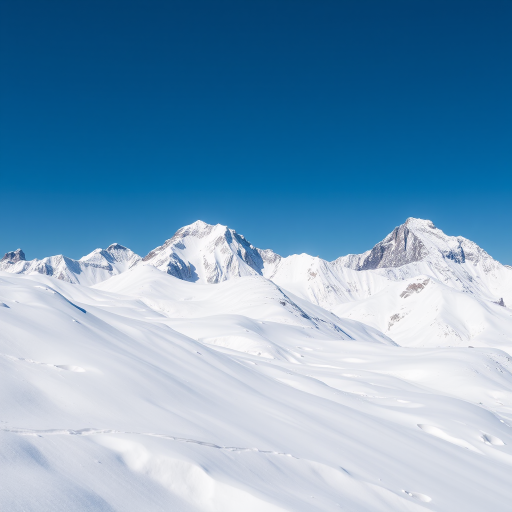 High-resolution shot of snowy mountain peaks under a clear blue sky, taken with a DSLR camera at f/8 aperture, ISO 100, 1/200 sec shutter speed, using a telephoto lens from a low angle for depth and clarity.