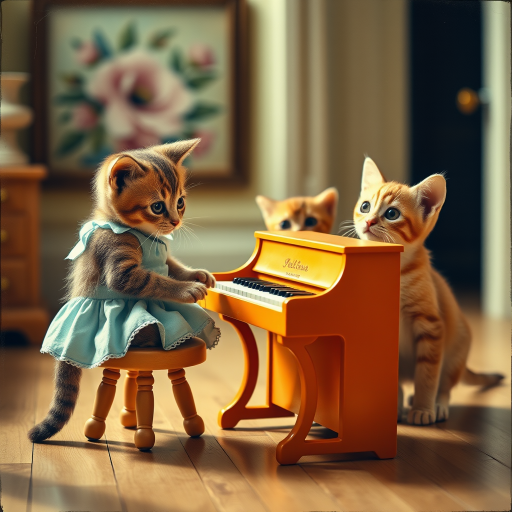 A charming scene of three cute cats in a vintage-style room. One cat, wearing a small, light-blue dress, sits on a tiny stool playing a miniature orange piano. Two other cats, with wide, curious eyes, watch the piano-playing cat intently. The room has warm lighting, with a cozy, old-fashioned aesthetic, soft wooden floors, and a blurred floral painting in the background. The overall mood is playful and whimsical, capturing the innocent curiosity of the cats. The image has a slightly worn, nostalgic feel, reminiscent of an old photograph.