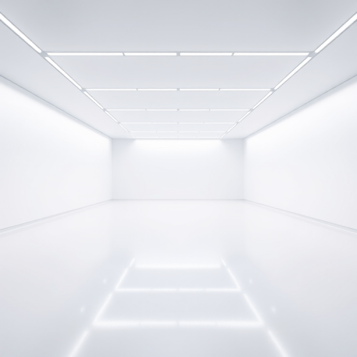 create a minimalist empty white room with linear ceiling lights evenly spaced, soft ambient lighting, captured with a Canon EOS R5 at f/8 aperture, ISO 100, 24mm lens in a wide-angle perspective for enhanced clarity and symmetry