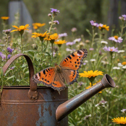 Sharp close-up of a butterfly perched on the edge of a rusty watering can, vibrant wings in stark contrast to the weathered metal, with bright wildflowers blooming in the blurred background.