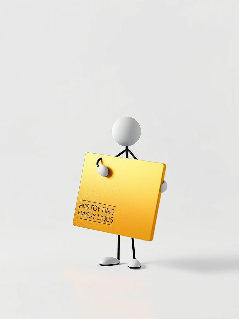 Generate an image of a 3D stick figure holding a large golden sign against a plain white background, using a Canon EOS R5 camera with a 50mm f/1.8 lens, aperture set to f/4, ISO 100, and a shallow depth of field for a soft blurred background.