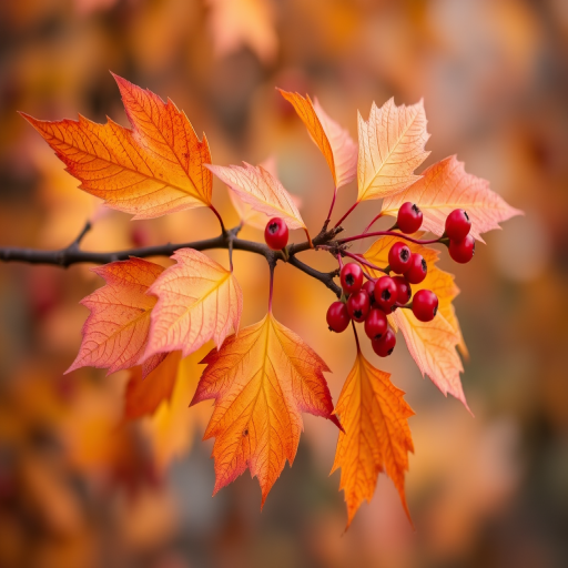 autumn leaves and berries on a branch, shallow depth of field, 50mm lens, f/2.8 aperture, ISO 200, soft natural light, high-resolution detail, DSLR camera