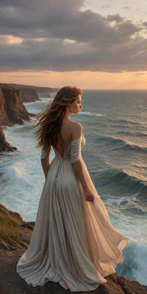 Sunset at a cliff's edge, with crashing waves below, a woman in a flowing gown stands at the precipice, her hair blowing in the wind as she gazes out to the horizon.