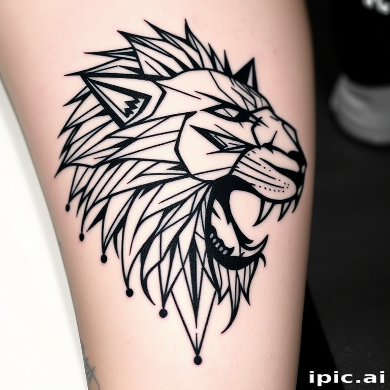 Striking geometric blackwork tattoo of a roaring lion head composed of intersecting lines and shapes, utilizing precise symmetry and dotwork accents for a modern, graphic aesthetic