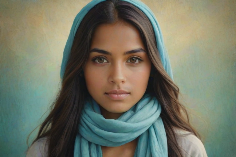 Create a portrait of a young Tahitian woman with long, dark hair and captivating hazel eyes. She is wearing a cyan headscarf and a matching scarf draped gracefully around her neck. The background is softly blurred, focusing attention on her serene and natural expression. The overall color palette is muted and warm, enhancing the intimate and authentic feel of the portrait.