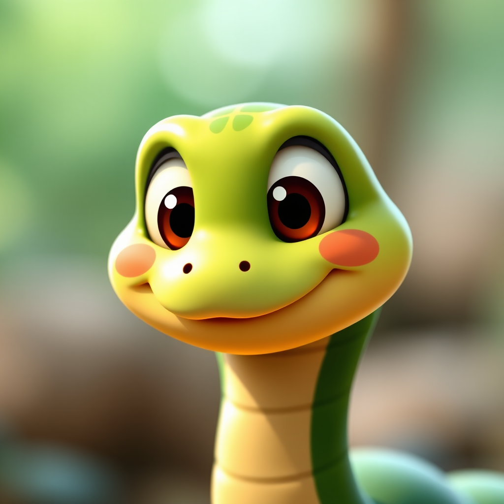 Create a cute cartoon style illustration of a smiling green snake with big eyes and rosy cheeks, shot with a Canon EOS 5D Mark IV, using a 50mm f/1.8 lens, natural lighting, and a shallow depth of field to blur the background.