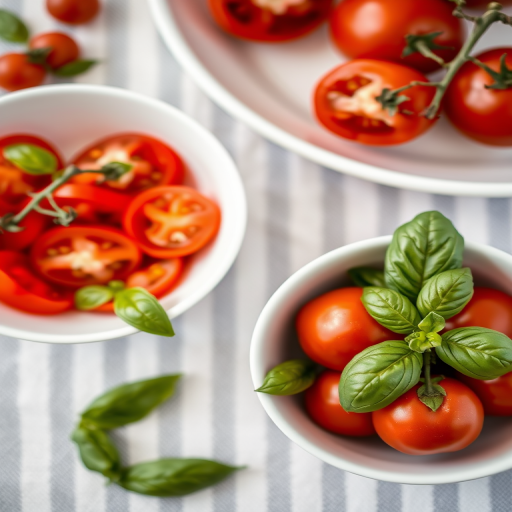 fresh red tomatoes sliced and whole in a white bowl with fresh basil leaves on a striped tablecloth, shallow depth of field, 50mm lens, f/2.8, ISO 100, natural soft lighting, overhead view, DSLR camera