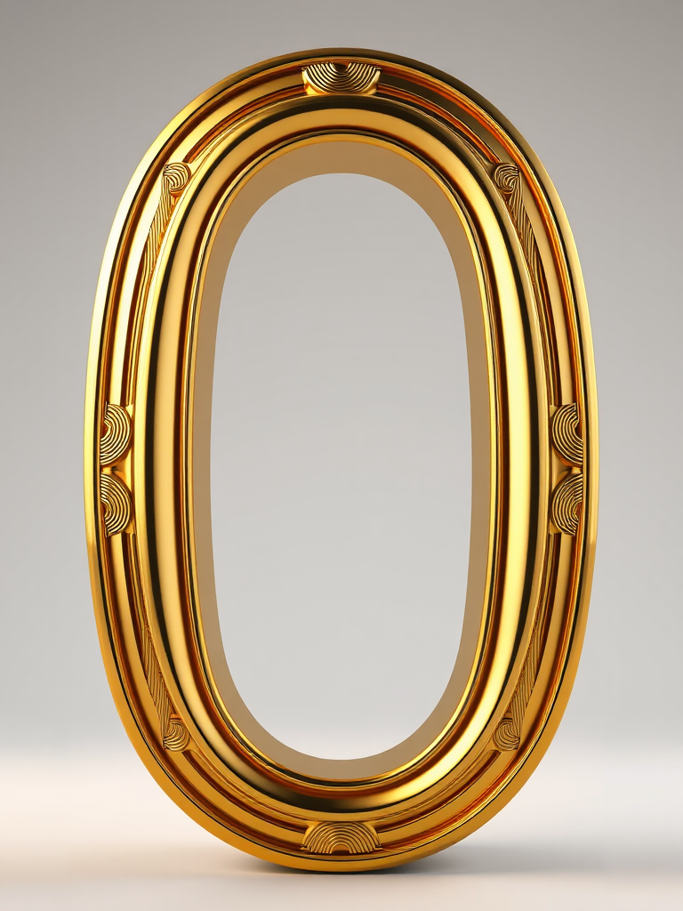 Create a high-resolution 3D rendering of a stylized golden number 0 with intricate details and reflections, using a DSLR camera with a 50mm lens, aperture f/2.8, ISO 100, shot from a frontal view against a soft gradient background for enhanced depth and clarity.
