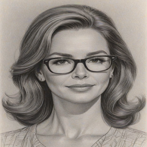 Radiant Melissa Gilbert, pencil sketch, portrait of Beauteous woman 1960s in glasses, hair style beatnik, outline, clear lines, fine lines, 8k