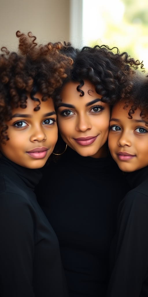 Generate a portrait of a woman and two girls with curly hair, all dressed in black clothing, captured in soft natural light with a 50mm lens, f/1.8 aperture, shallow depth of field, using a DSLR camera, focus on their facial expressions and skin tones.