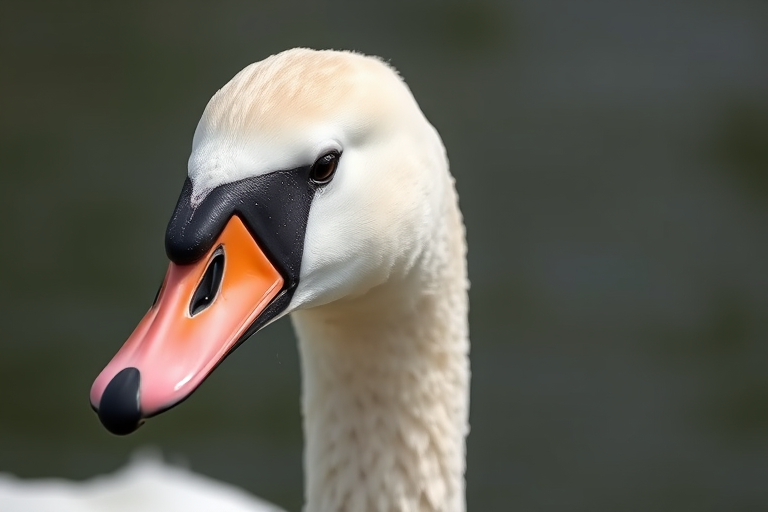 close-up of a swan's head with a soft focus background, taken with a DSLR camera, f/2.8 aperture, 100mm lens, ISO 200, natural light, high resolution, shallow depth of field