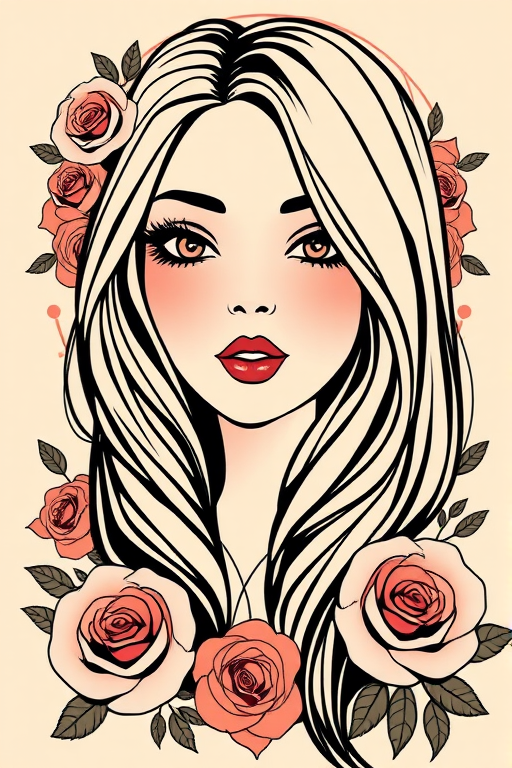 Create a high-resolution vector graphic of a stylized female face with long hair, surrounded by roses and decorative elements, using a DSLR camera with a 50mm lens, f/1.8 aperture, 200 ISO, and a shallow depth of field for a soft background effect.