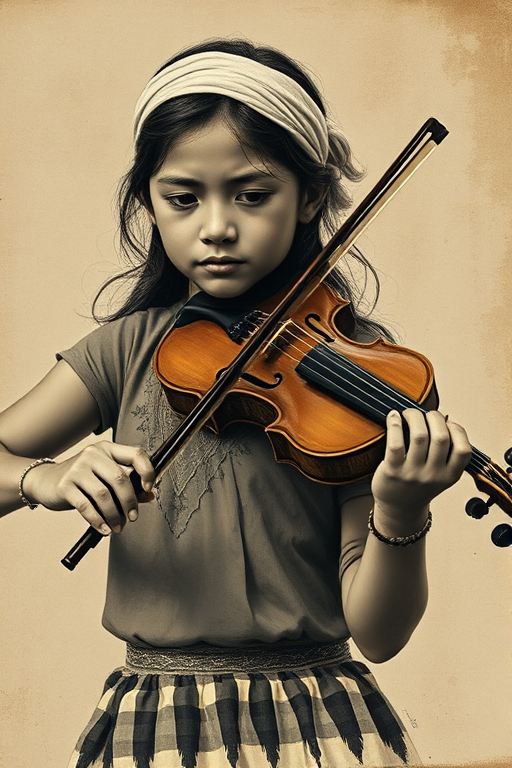 a young Mapuche woman with a white headband playing a violin, in the style of a charcoal drawing, sepia grunge background