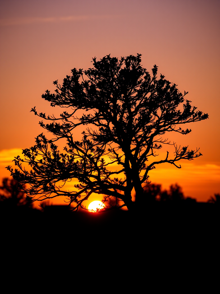 Create an artistic silhouette of a tree against a sunset background, with vibrant orange and purple hues, captured with a DSLR camera at f/8 aperture, ISO 200, 1/200 sec shutter speed, with a wide-angle lens to enhance depth and detail.