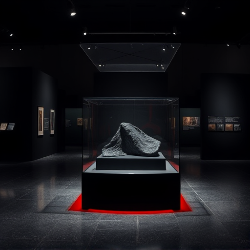 lycg, no flash, on silver and black display inside museum, darker with red shining through at the bottom with a speck of white