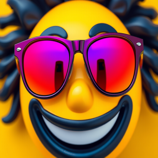 Create a vibrant emoji of a smiling face wearing stylish sunglasses with a colorful reflective lens, shot with a DSLR camera at f/2.8 aperture, ISO 100, 50mm lens, and an overhead view to enhance details and brightness.