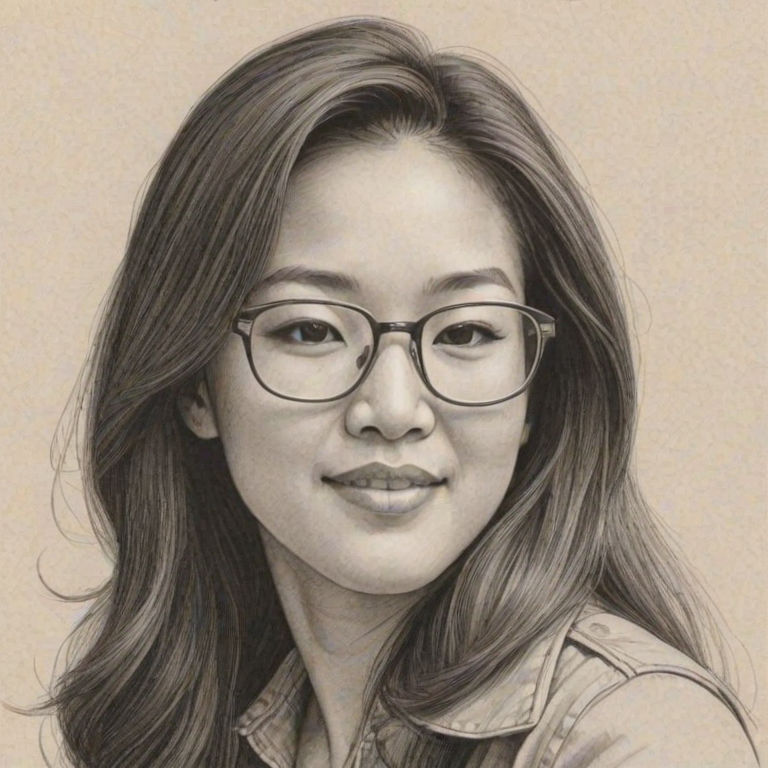 Lovely Michelle Kwan, pencil sketch, portrait of Elegant woman 1970s in glasses, hair style beatnik, outline, clear lines, fine lines, 8k
