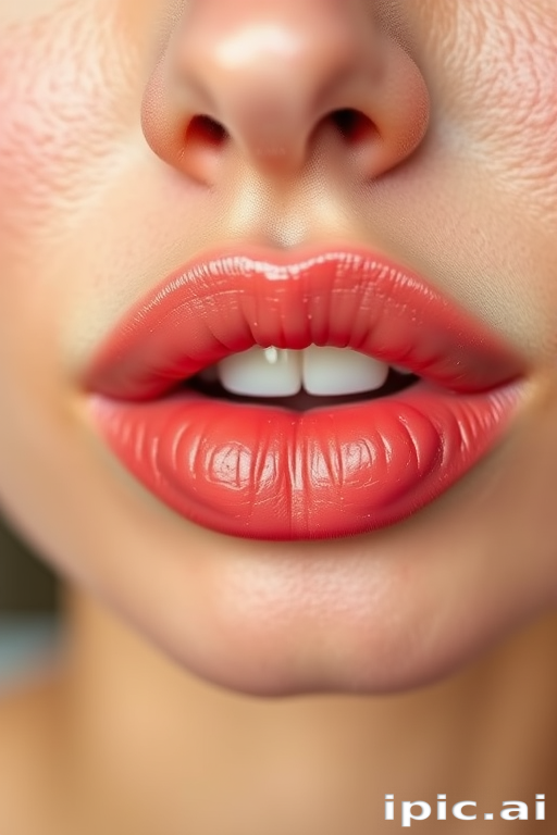 Sheer strawberry-tinted lips with a natural, dewy finish, enhancing the lips' natural color for a subtle, fresh-faced glow