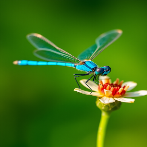 macro shot of a vibrant turquoise dragonfly perched on a delicate flower with soft green background, aperture f/2.8, shutter speed 1/200s, ISO 100, 100mm lens, natural light, DSLR camera