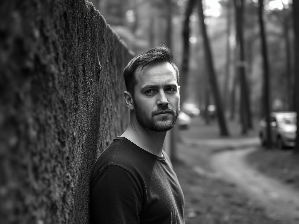 regenerate a portrait of a man leaning against a textured wall in a forested area, soft natural light, ISO 200, shutter speed 1/100s, aperture f/2.8, 50mm lens, shallow depth of field, black and white photography