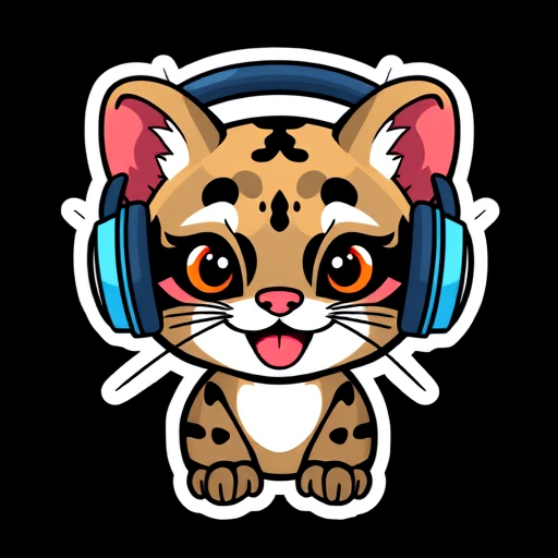 create sticker, Happy Colorful Ocelot wearing Headphones, kawaii, contour, vector, black background