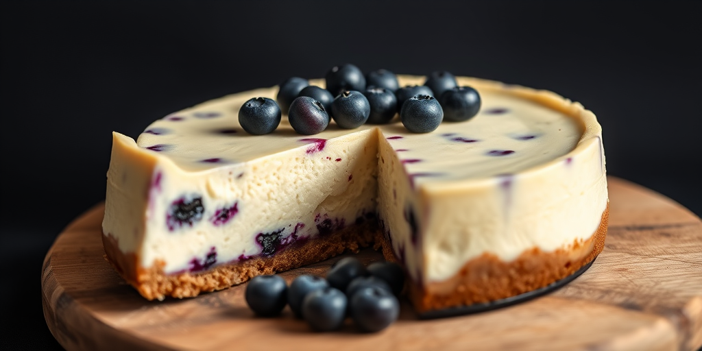 Create a high-resolution image of a blueberry cheesecake with a slice removed, garnished with fresh blueberries, on a wooden plate, with a dark background, shot using a Canon EOS R5, 50mm lens, aperture f/2.8, ISO 100, natural light, and a shallow depth of field for a soft bokeh effect.