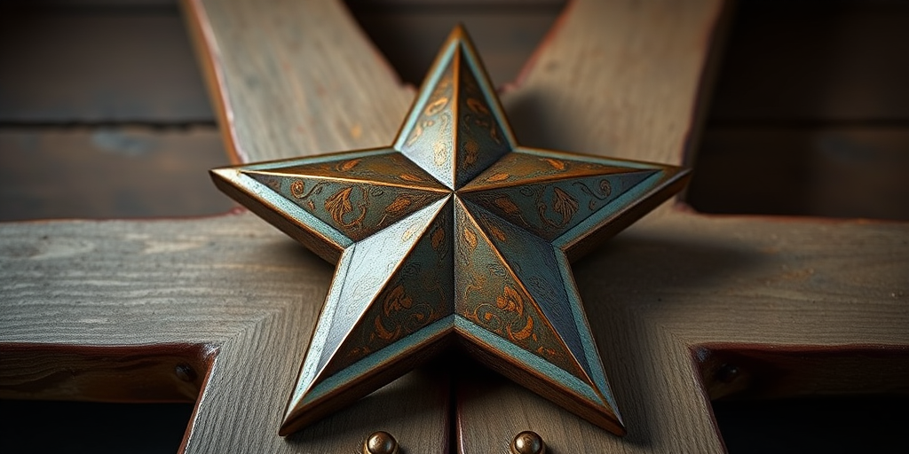 create a highly detailed 3D rendering of a vintage five-pointed star with a weathered patina finish, using a Canon EOS R5 with a 50mm lens, aperture set to f/1.8, ISO 100, with a soft-focus background and dramatic lighting to enhance textures and colors